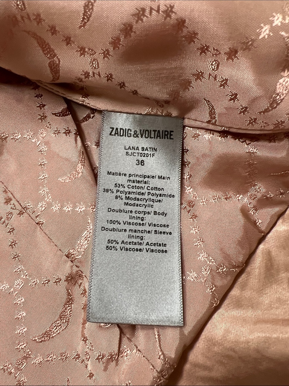 Zadig & Voltaire Lana Military Satin Jacket in Powder Pink/Golden Buttons 36 - Picture 11 of 16